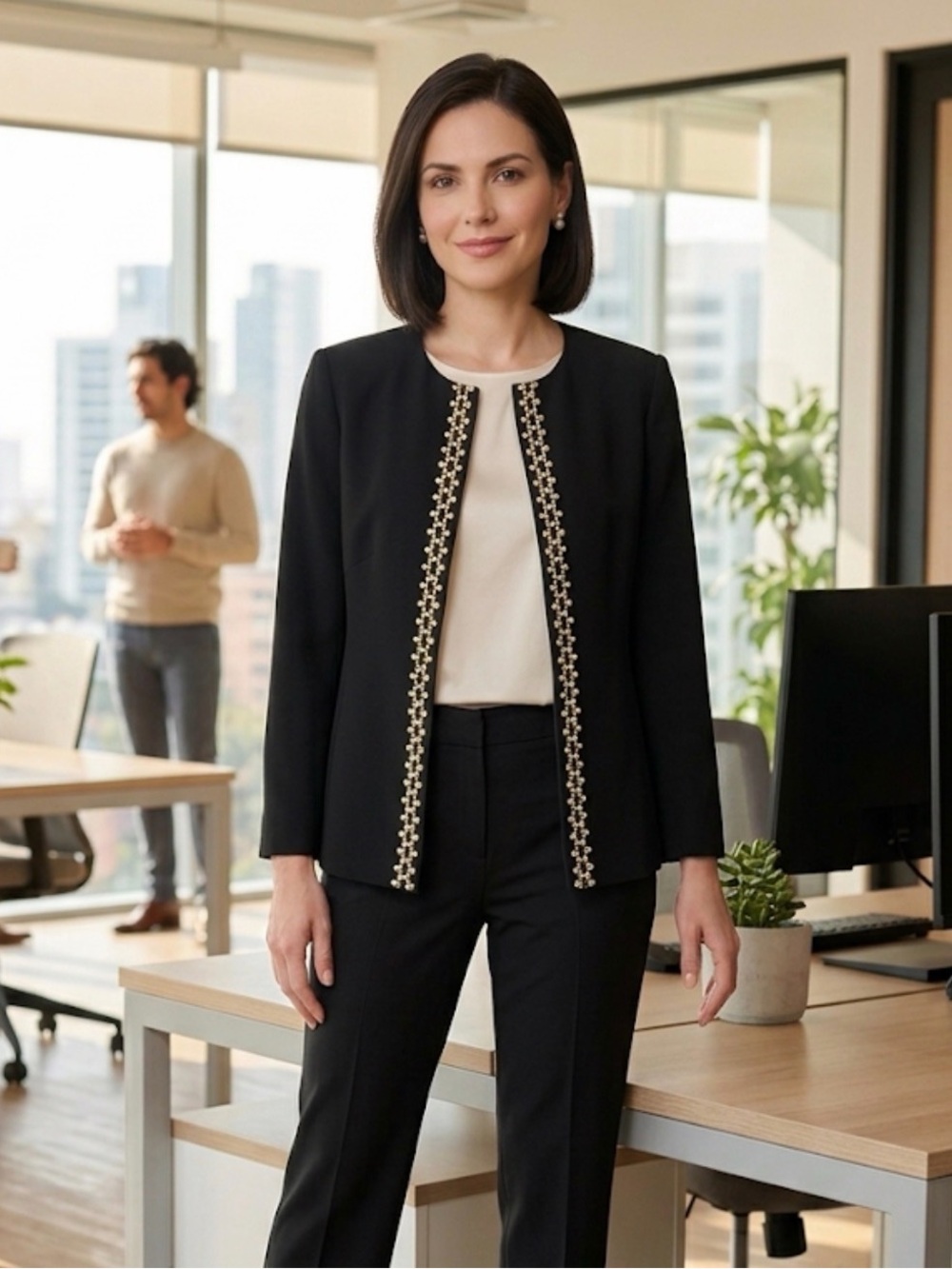Tahari Black Open-Front Blazer with Gold Trim - Women's Professional Jacket
